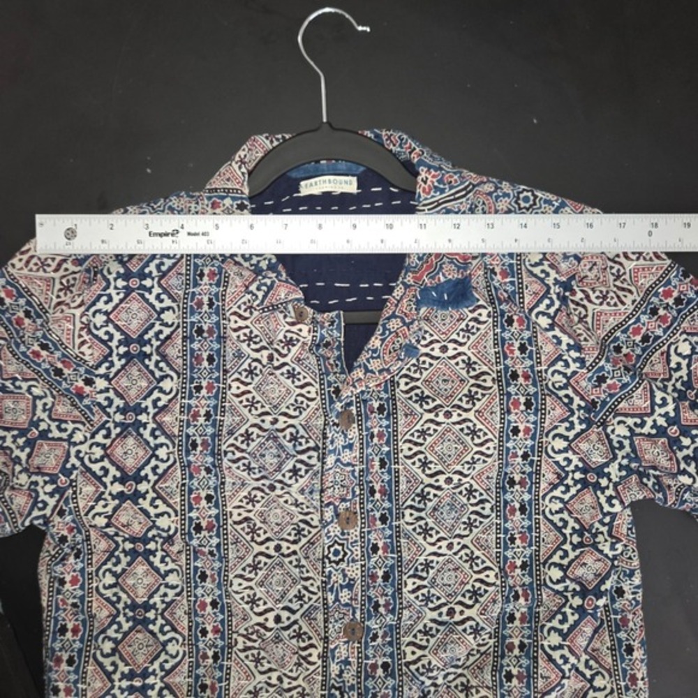 Earthbound Trading Co Mens Short Sleeve Kantha Stitch Block Print Cotton Shirt - Picture 5 of 5